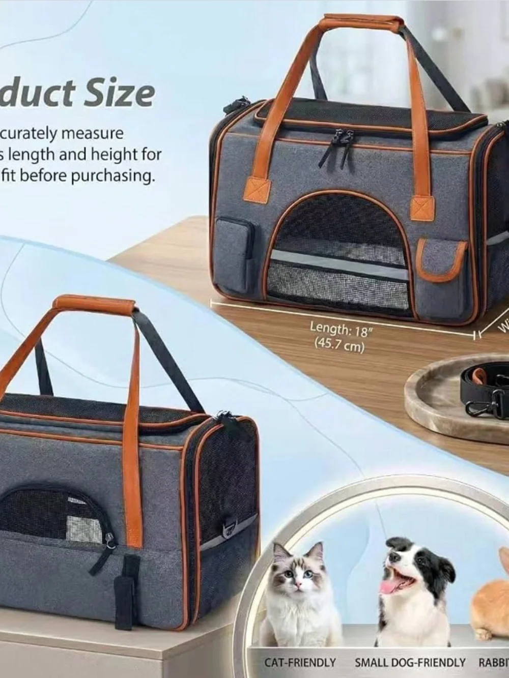 Stylish Gray & Brown Pet Carrier Tote - Comfortable Travel Bag for Dogs